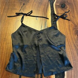 Black Open and Buttoned Front with Tie Straps Camisole